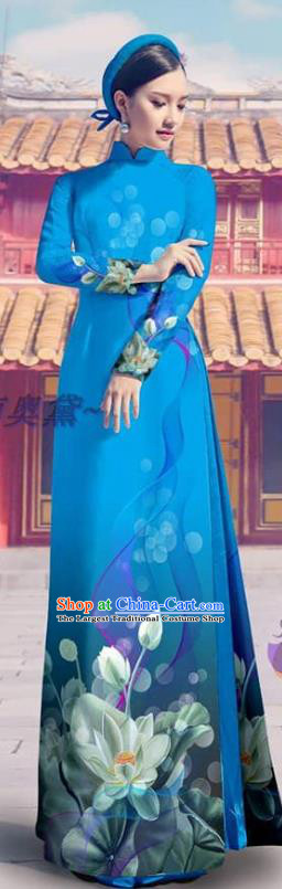 Traditional Vietnam Bride Costume Custom Blue Ao Dai Dress Printing Cheongsam with Pants Asian Vietnamese Clothing