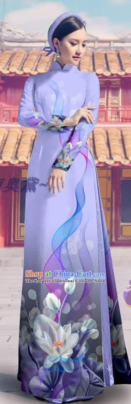 Traditional Vietnam Bride Costume Fashion Lilac Ao Dai Dress Custom Asian Vietnamese Clothing Printing Dress with Pants