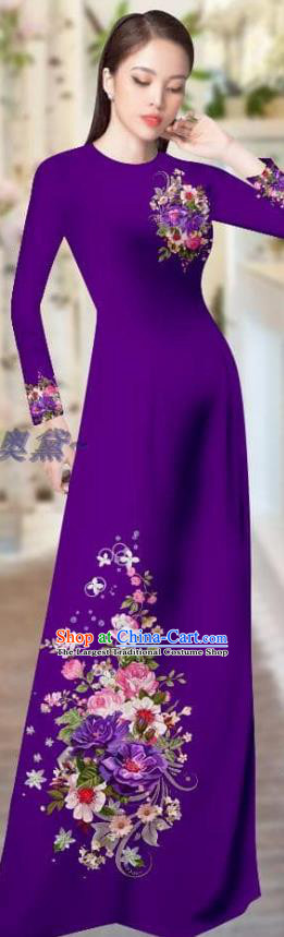 Purple Ao Dai Dress Asian Vietnamese Traditional Custom Costume Printing Cheongsam with Pants Vietnam Uniforms