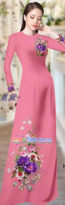 Vietnam Traditional Ao Dai Dress Asian Custom Costume Vietnamese Printing Pink Qipao with Pants Uniforms