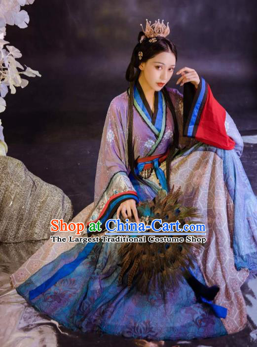 Chinese Jin Dynasty Historical Costumes Traditional Ancient Goddess Purple Hanfu Apparels Blouse and Skirt for Women