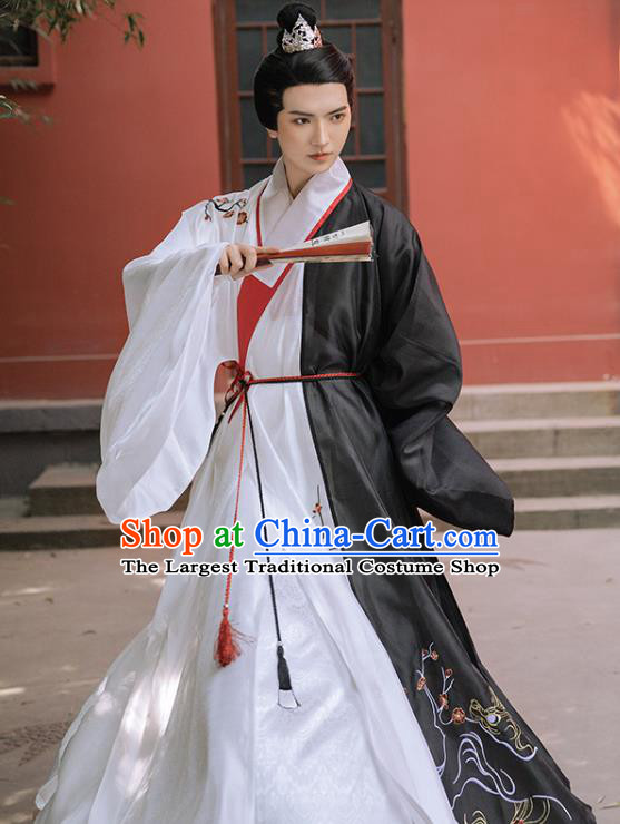 Chinese Ancient Childe Embroidered Black Robe Traditional Hanfu Apparel Ming Dynasty Swordsman Historical Costume for Men