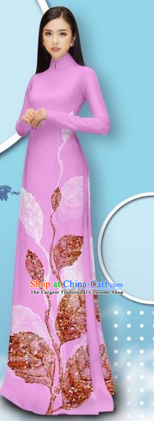 Asian Vietnamese Bride Costume Traditional Long Dress with Pants Custom Vietnam Women Ao Dai Uniforms Lilac Cheongsam