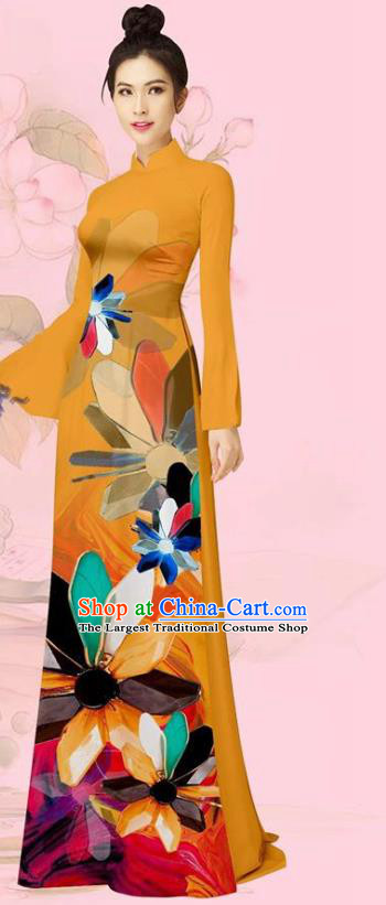 Traditional Vietnamese Ao Dai Custom Uniforms Asian Vietnam Costume Cheongsam with Pants Women Orange Long Dress