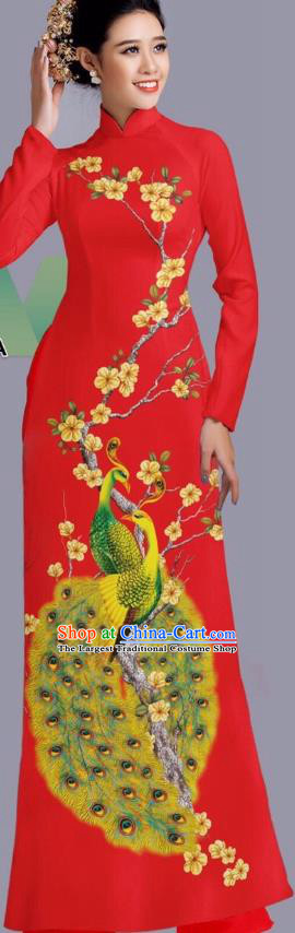 Asian Vietnam Classical Peacock Pattern Clothing Vietnamese Traditional Ao Dai Dress with Pants Uniforms Custom Bride Red Cheongsam