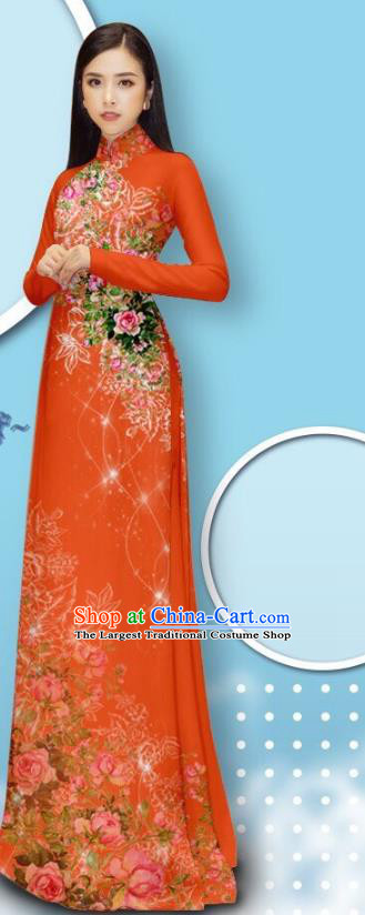 Vietnamese Jacinth Cheongsam with Loose Pants Fashion Apparel Custom Vietnam Uniforms Asian Traditional Ao Dai Dress