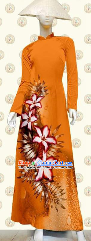 Vietnamese Female Classical Orange Qipao Dress with Pant Vietnam Cheongsam Ao Dai Clothing Traditional Oriental Fashion