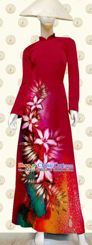 Vietnamese Wine Red Ao Dai Clothing Classical Qipao Dress with Pant Traditional Vietnam Civilian Women Cheongsam Oriental Fashion