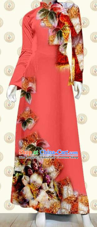 Vietnam Civilian Women Cheongsam Vietnamese Traditional Ao Dai Clothing Asian Classical Oriental Fashion Pink Qipao Dress with Pants