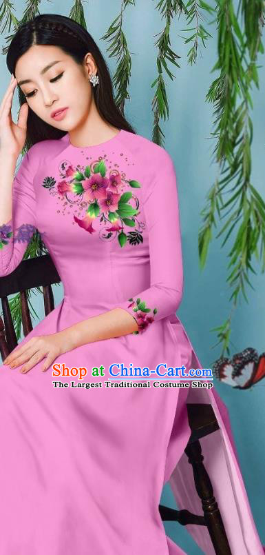 Pink Cheongsam with Loose Pants Outfits Asian Vietnam Ao Dai Clothing Long Dress Traditional Vietnamese Beauty Fashion