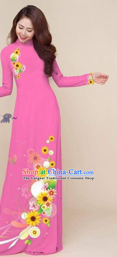 Traditional Classical Printing Cheongsam with Pants Costumes Vietnam Ao Dai Clothing Vietnamese Dress Asian Women Magenta Qipao