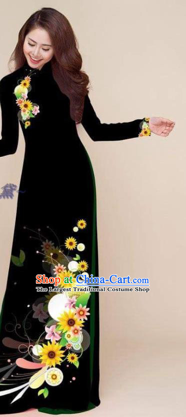 Vietnamese Black Ao Dai Dress Asian Costumes Classical Qipao Printing Cheongsam with Pants Vietnam Traditional Clothing