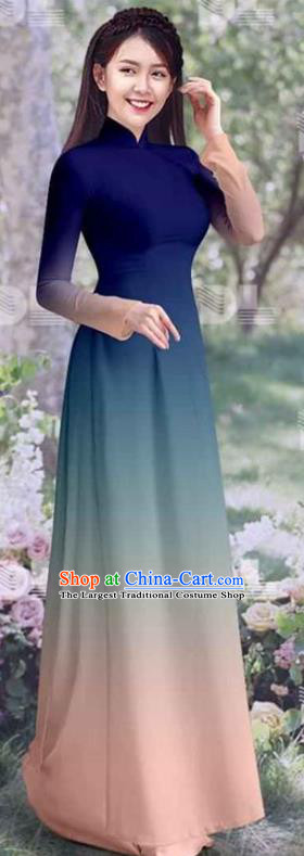 Vietnam Traditional Costumes Ao Dai Clothing Asian Vietnamese Women Classical Cheongsam with Pants Gradient Navy Blue Qipao Dress