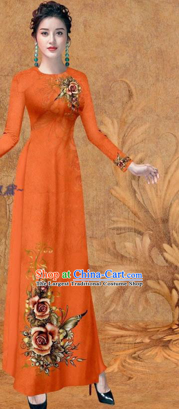 Traditional Printing Rose Orange Qipao Dress with Loose Pants Women Ao Dai Outfits Vietnamese Cheongsam Clothing Vietnam Stage Show Fashion