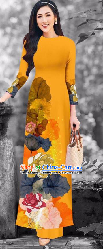 Traditional Vietnamese Orange Cheongsam with Loose Pants Ao Dai Dress Fashion Apparel Custom Asian Vietnam Garment