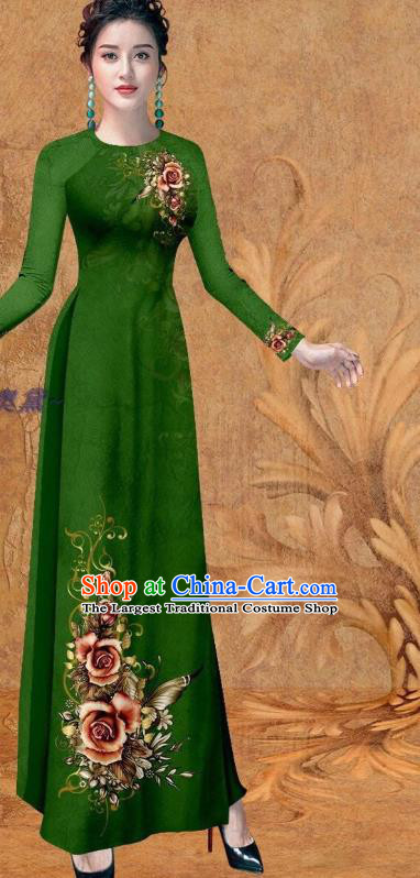 Traditional Vietnam Women Deep Green Ao Dai Clothing Vietnamese Bridal Fashion Stage Show Qipao Dress Printing Rose Cheongsam with Loose Pants Outfits