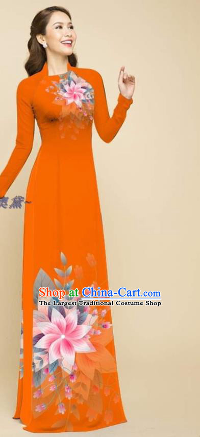 Oriental Beauty Orange Cheongsam with Loose Pants Outfits Traditional Vietnamese Women Clothing Vietnam Ao Dai Qipao Dress Fashion