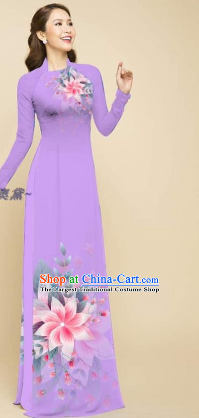 Oriental Violet Cheongsam Traditional Vietnamese Women Ao Dai Qipao Dress with Loose Pants Outfits Clothing Vietnam Fashion