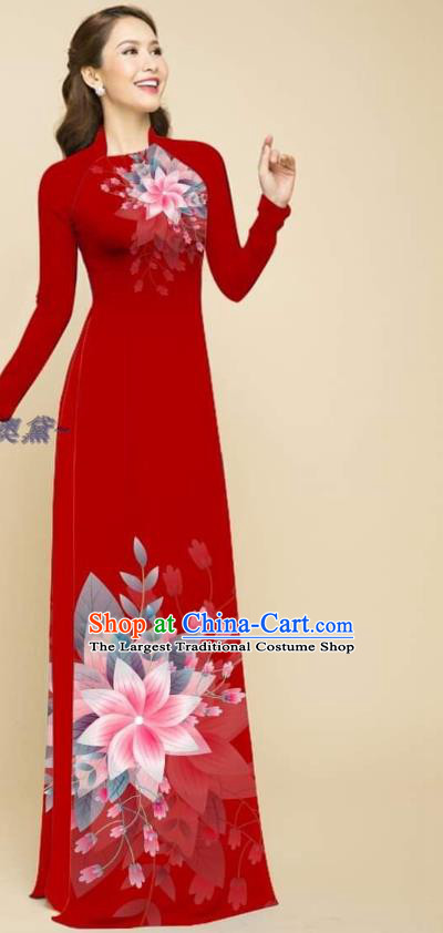 Red Oriental Cheongsam Traditional Vietnamese Ao Dai Qipao Dress with Loose Pants Outfits Clothing Vietnam Beauty Fashion