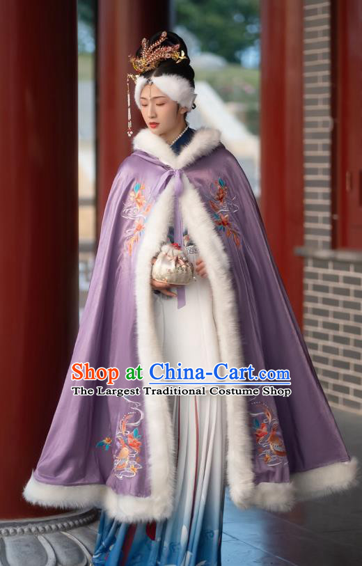 Chinese Ming Dynasty Embroidered Purple Cloak Historical Costume Traditional Ancient Princess Hanfu Apparel for Patrician Lady