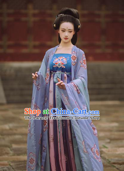 Chinese Tang Dynasty Court Historical Costume Traditional Ancient Imperial Consort Hanfu Apparel Cape and Dress Complete Set