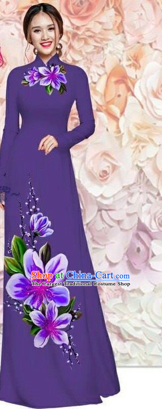 Asian Vietnamese Stage Show Purple Qipao Custom Vietnam Classical Cheongsam with Pants Traditional Ao Dai Dress Women Clothing