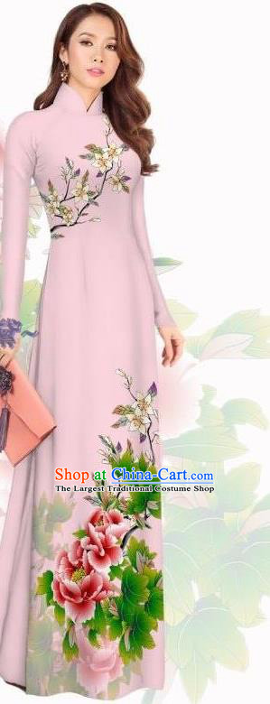 Traditional Asian Vietnam Custom Qipao Women Classical Printing Cheongsam Vietnamese Light Pink Ao Dai Dress with Pants Clothing