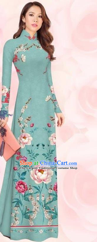 Custom Vietnam Dress Women Green Qipao with Pants Asian Vietnamese Traditional Cheongsam Ao Dai Costumes Two Pieces Set