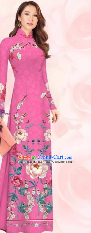 Asian Vietnamese Ao Dai Clothing Traditional Custom Cheongsam Women Qipao with Pants Vietnam Fashion Bride Rosy Dress