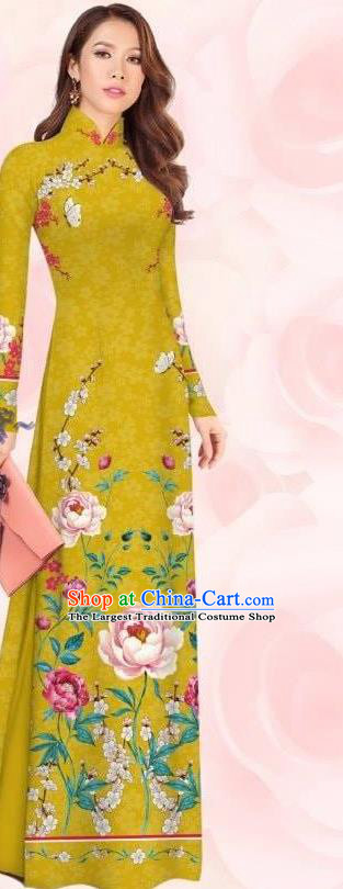 Khaki Bride Dress Traditional Custom Women Qipao with Pants Vietnam Cheongsam Fashion Asian Vietnamese Ao Dai Clothing