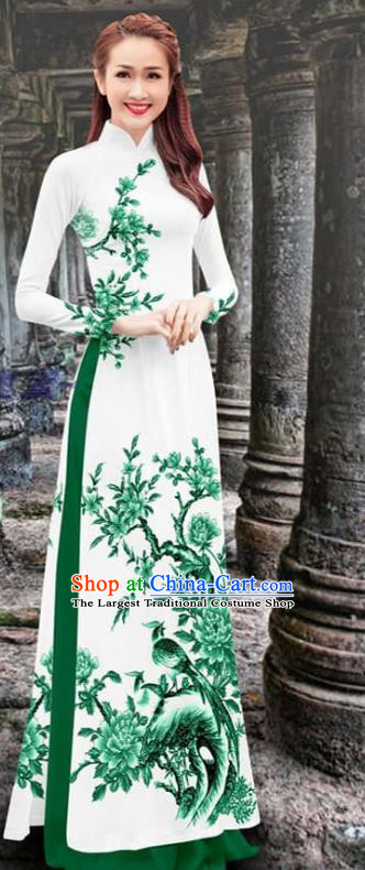 Asian Vietnam Women Clothing Traditional Vietnamese Ao Dai Two Piece Set Custom Cheongsam Fashion Qipao Dress with Green Pants