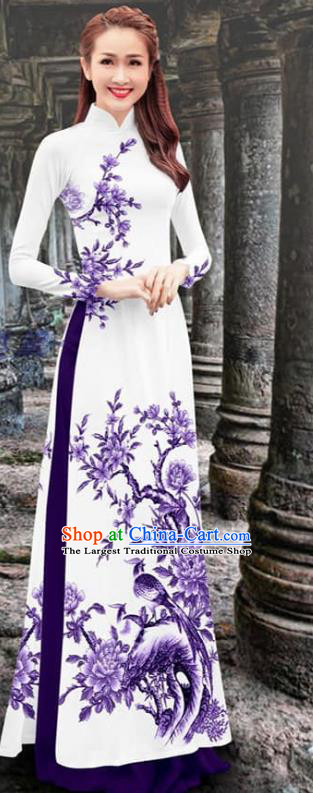 Traditional Vietnamese Ao Dai Qipao Dress with Purple Loose Pants Vietnam Fashion Two Piece Set