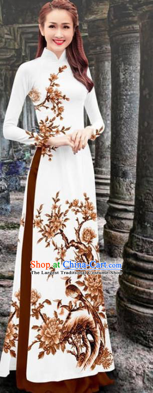 Vietnamese Traditional Ao Dai Cheongsam Costume Vietnam Printing Maroon Flower Bird Qipao Dress with Loose Pants