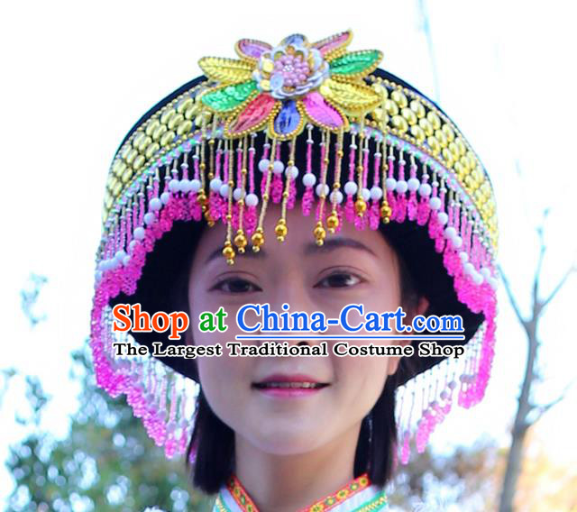 Best Chinese Tujia Nationality Round Hat Top Quality China Ethnic Women Beads Tassel Headwear