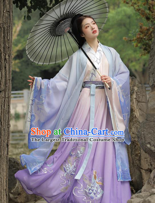 Traditional China Han Dynasty Princess Lilac Cape Blouse and Skirt Ancient Beauty Diao Chan Embroidered Hanfu Dresses