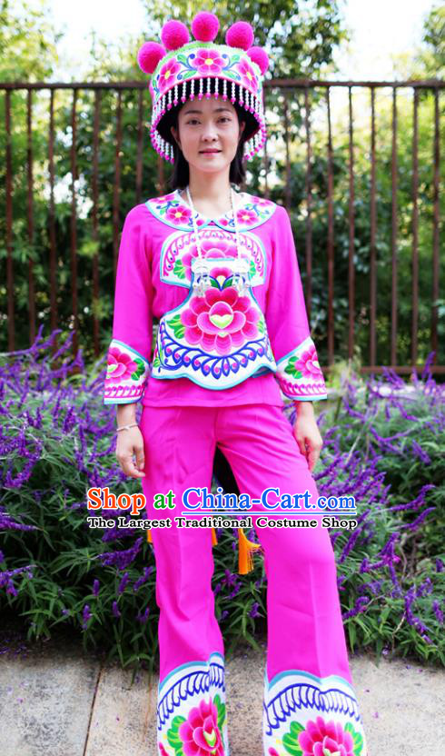 China Chuxiong Yi Nationality Female Costumes Chinese Yunnan Yi Ethnic Embroidered Rosy Blouse and Pants with Headwear