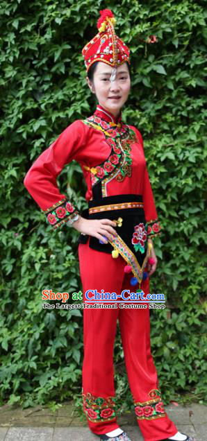 China Yi Nationality Drum Dance Embroidered Costumes Chinese Yi Ethnic Women Red Blouse and Pants with Cockscomb Hat