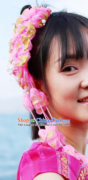 Chinese Dai Nationality Bride Pink Silk Flowers Hair Claw Traditional Yunnan Ethnic Women Tassel Headpiece