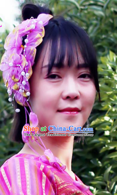 Chinese Traditional Yunnan Ethnic Women Tassel Headpiece Dai Nationality Bride Purple Silk Flowers Hair Stick