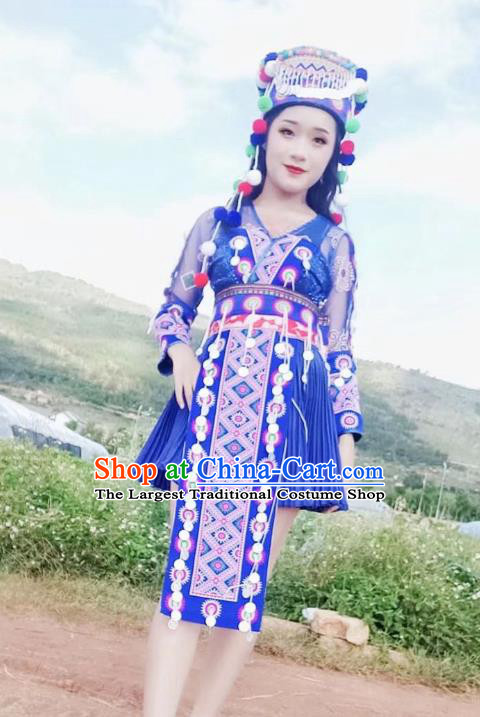 China Ethnic Photography Clothing Miao Nationality Embroidered Outfits Women Royalblue Blouse and Skirt with Hat