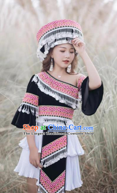 China Miao People Black One Shoulder Blouse and Short Skirt with Hat Guizhou Miao Ethnic Female Costumes Minority Nationality Photography Clothing