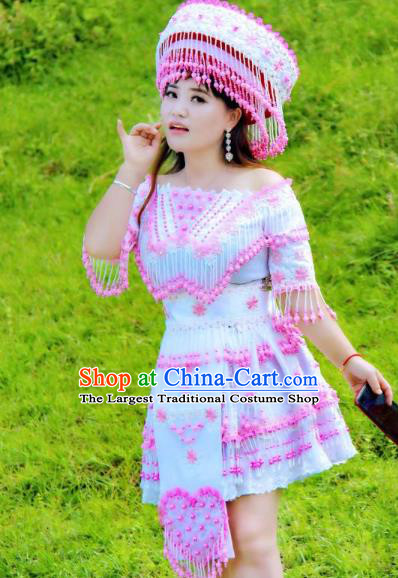 Top Quality China Guizhou Ethnic Light Blue Blouse and Short Skirt Fashion with Headdress Miao Nationality Folk Dance Clothing