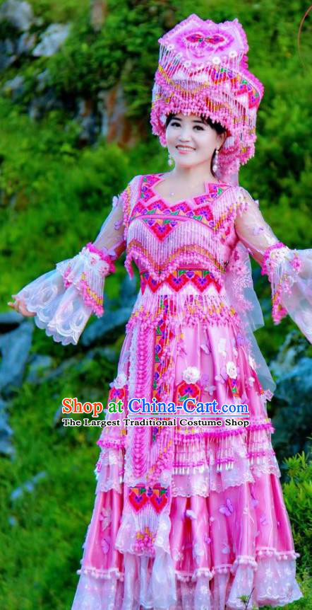 China Guizhou Miao Ethnic Wedding Fashion Top Quality Miao Nationality Bride Clothing Minority Rosy Dresses with Headdress