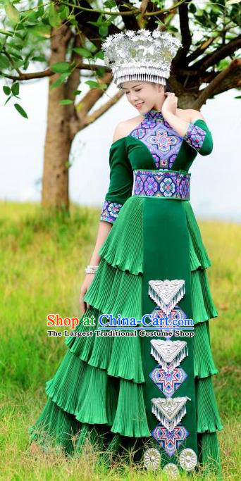 Quality China Miao Ethnic Women Apparels Festival Celebration Green Dress Yunnan Minority Folk Dance Clothing and Headwear