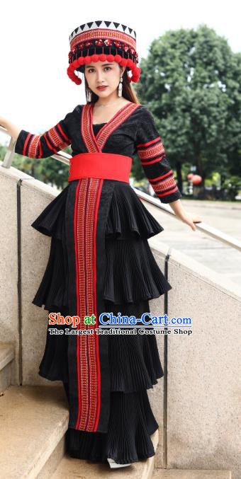 Top Quality China Yao Ethnic Women Black Dress Apparels Guizhou Minority Folk Dance Costumes Festival Celebration Clothing and Hat