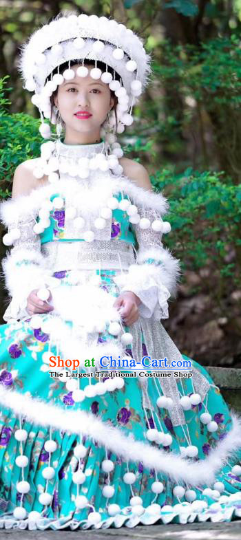 China Mengzi Miao Nationality Wedding Green Blouse and Long Skirt Minority Bride Clothing Ethnic Fashion with Headdress