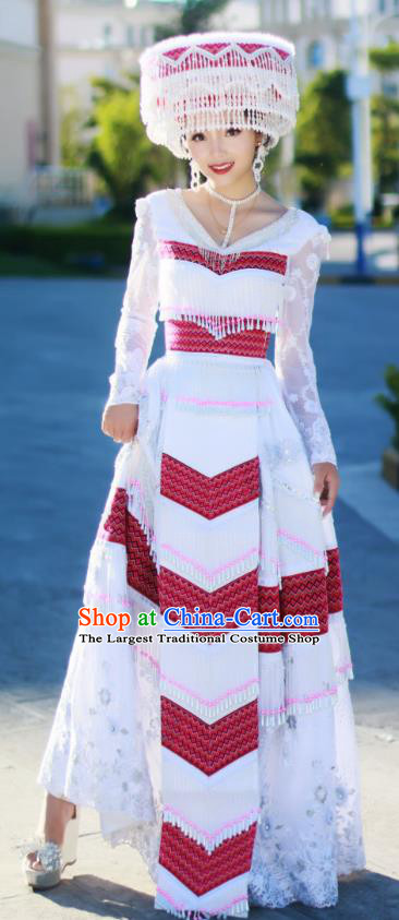 Yunnan Minority Bride White Long Dress Traditional Festival Celebration Costumes China Miao Ethnic Wedding Women Apparels and Headwear