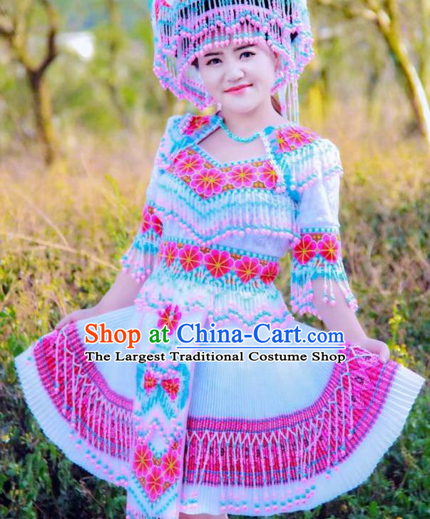 China Miao Ethnic Beads Tassel Apparels Traditional Nationality Folk Dance Costumes Yunnan Minority Women Short Dress and Headpiece