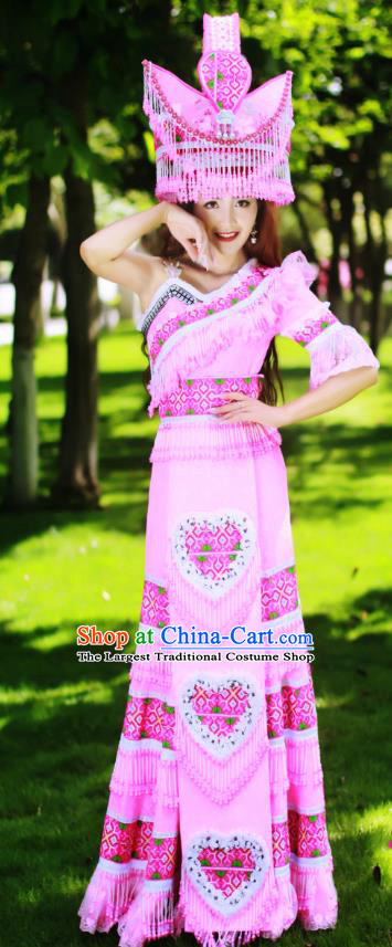 Top Quality Guizhou Minority Ethnic Wedding Costumes Festival Celebration Dance Clothing China Yao National Bride Pink Dress Apparels and Hat