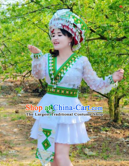 China Nationality White Blouse and Short Skirt Miao Minority Dance Clothing Ethnic Women Fashion and Hat